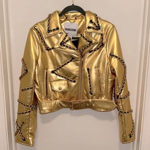 H&M x Moschino Collab!! Gold leather biker jacket designed by Jeremy Scott.Sz M